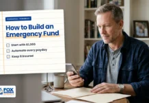How to Build an Emergency Fund: How Much You Need and Where to Keep It Emergency fund check-in: man reviewing his savings balance on a smartphone at his home office desk