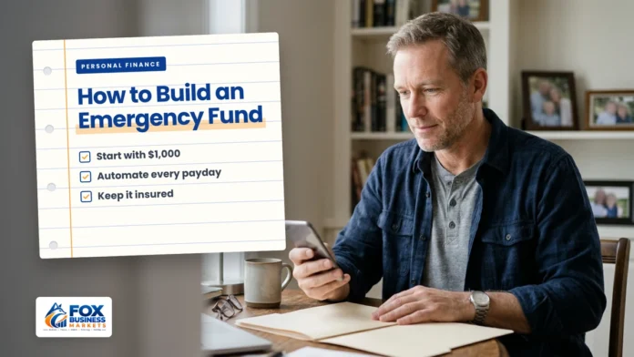 Emergency fund check-in: man reviewing his savings balance on a smartphone at his home office desk