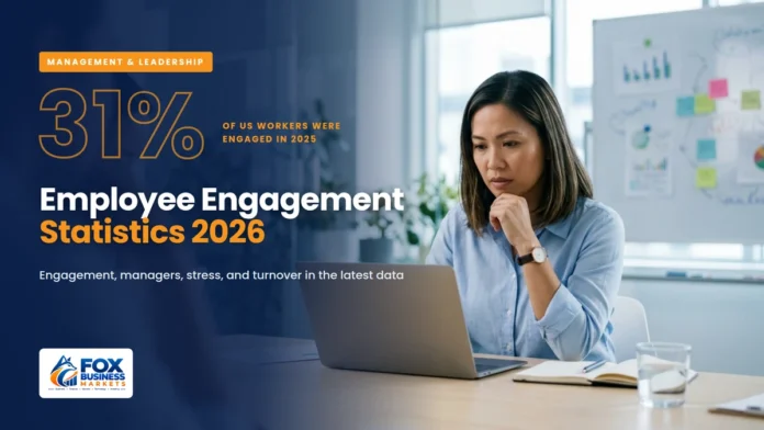 Employee Engagement and Management Statistics 2026 Employee engagement statistics 2026 featured image showing a manager reviewing team survey results on her laptop