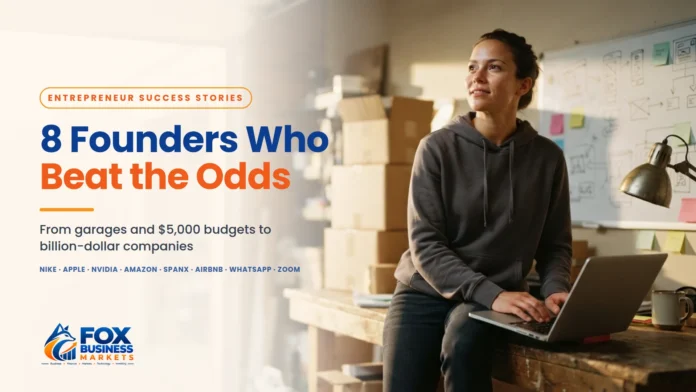 Entrepreneur Success Stories: 8 Founders Who Beat the Odds Entrepreneur success stories: a young founder working on a laptop in a garage startup workspace at sunrise. Yahi woh ek image hai jis ke alt mein focus keyword aayega.