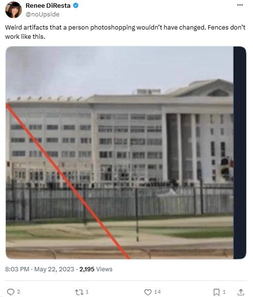 Tweet by researcher Renee DiResta on May 22, 2023, pointing out distorted fence artifacts in the AI-generated image of a fake explosion near the Pentagon, with a red line highlighting the warped fence.