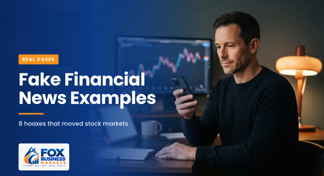 Fake Financial News Examples: A man checking a market alert on his smartphone in a home office, with a stock chart on the monitor behind him.