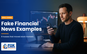 Fake Financial News Examples: 8 Hoaxes That Moved Markets Fake Financial News Examples: A man checking a market alert on his smartphone in a home office, with a stock chart on the monitor behind him.