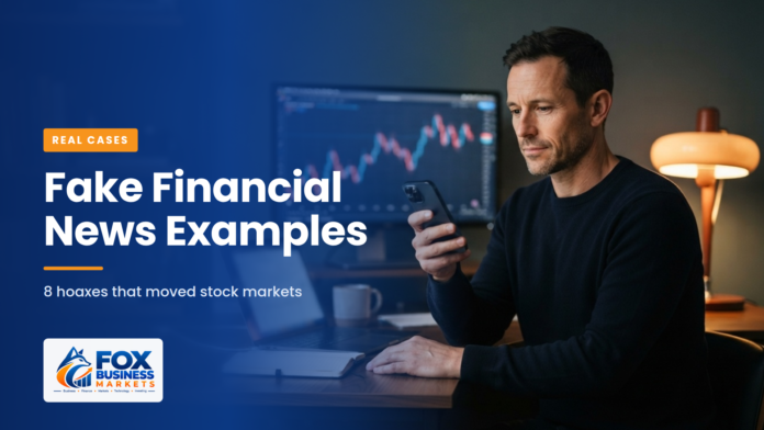 Fake Financial News Examples: A man checking a market alert on his smartphone in a home office, with a stock chart on the monitor behind him.