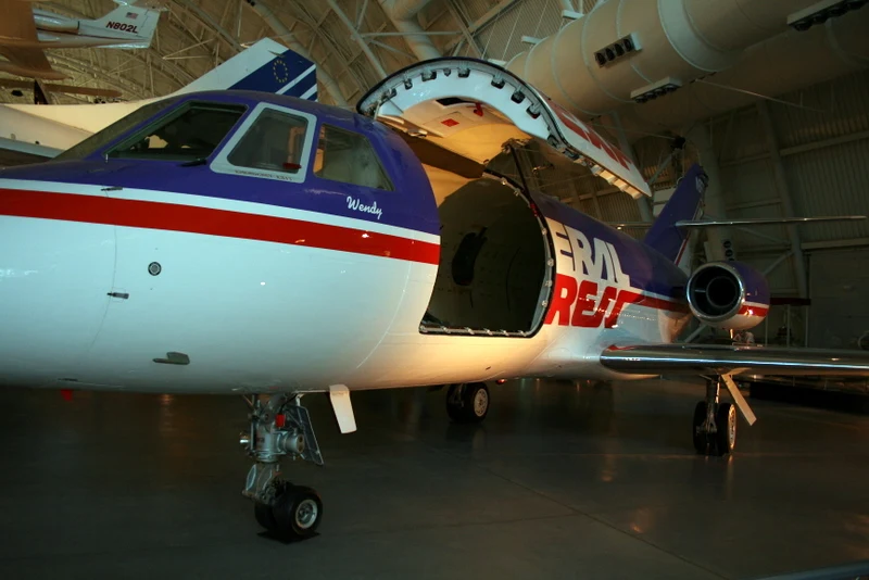FedEx's Dassault Falcon 20 jet "Wendy" with its cargo door open, on display at the Smithsonian's Udvar-Hazy Center.