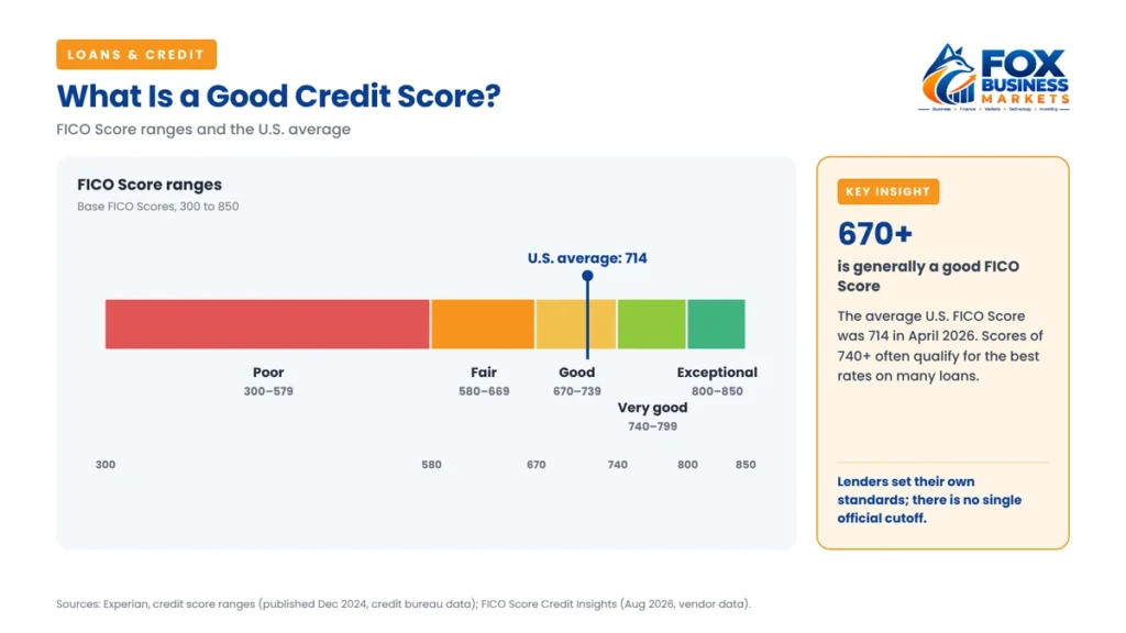 What is a good credit score: FICO Score ranges from poor to exceptional, with the 2026 US average of 714