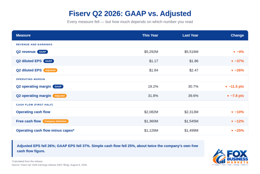 Table of Fiserv's Q2 2026 results compared with a year earlier: revenue $5,292M vs. $5,516M (−4%); GAAP diluted EPS $1.17 vs. $1.86 (−37%); adjusted EPS $1.84 vs. $2.47 (−26%); GAAP operating margin 19.2% vs. 30.7%; adjusted operating margin 31.8% vs. 39.6%; first-half operating cash flow down 10%, company-defined free cash flow down 12%, and operating cash flow minus capex down 25%.