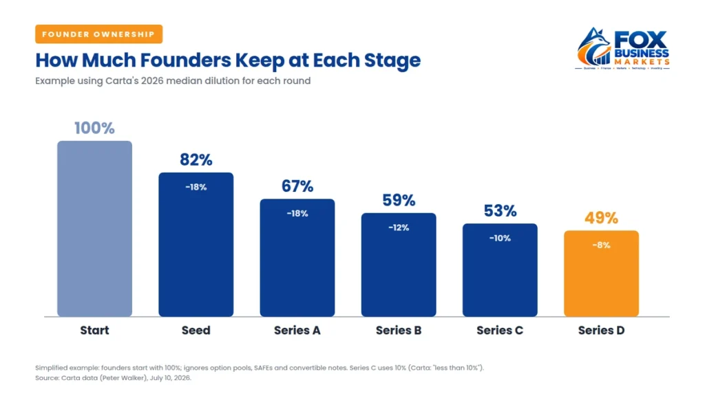 Founder ownership chart showing founders keeping about 82% after seed and 49% after Series D using Carta’s median dilution