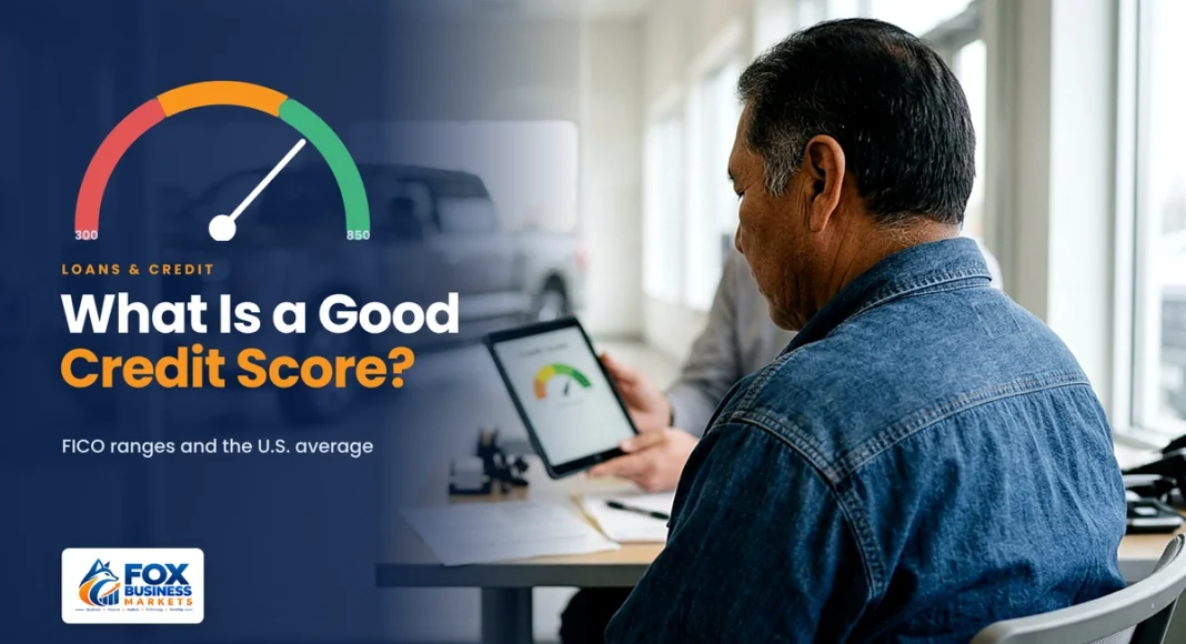 What Is a Good Credit Score in the US? Ranges, Averages, and What They Mean What is a good credit score: man reviewing his credit score on a tablet with a finance manager at a car dealership