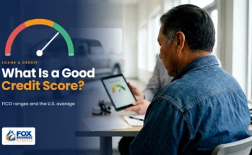 What Is a Good Credit Score in the US? Ranges, Averages, and What They Mean What is a good credit score: man reviewing his credit score on a tablet with a finance manager at a car dealership