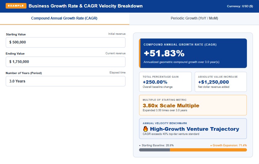 Growth rate calculator worked example showing CAGR, percentage gains, and revenue multiple breakdown