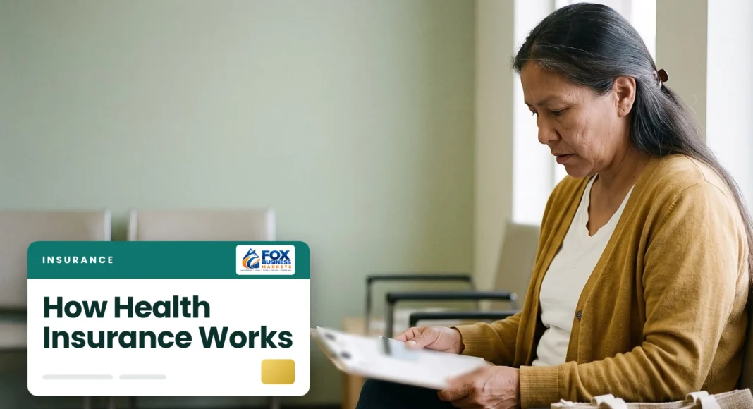 Woman in a clinic waiting room reviewing a health insurance form and insurance card