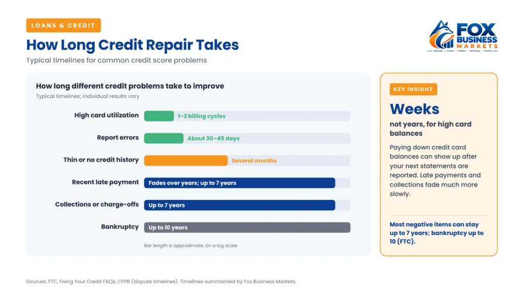 How long it takes to improve a credit score, from one to two billing cycles for high balances to 10 years for bankruptcy