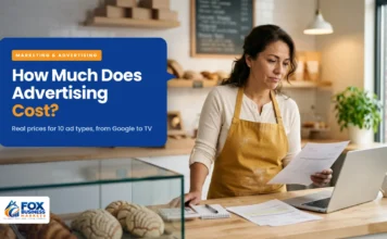 How Much Does Advertising Cost? Google, Facebook, TV, and More Bakery owner comparing advertising quotes at her counter while researching how much advertising costs