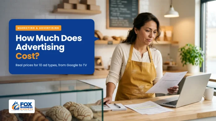 How Much Does Advertising Cost? Bakery owner comparing advertising quotes at her counter while researching how much advertising costs