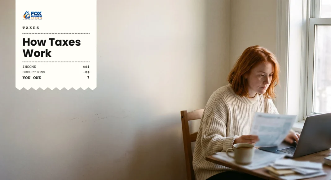 How Taxes Work Woman reviewing a tax form at her laptop to understand how taxes work