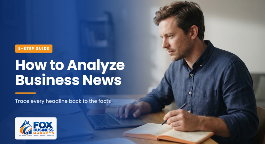 How to analyze business news: a man reviewing a stock chart on his laptop and taking notes beside a financial newspaper.