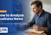 How to Analyze Business News and Spot Fake Headlines How to analyze business news: a man reviewing a stock chart on his laptop and taking notes beside a financial newspaper.