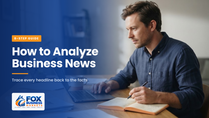 how-to-analyze-business-news-featured How to analyze business news: a man reviewing a stock chart on his laptop and taking notes beside a financial newspaper.