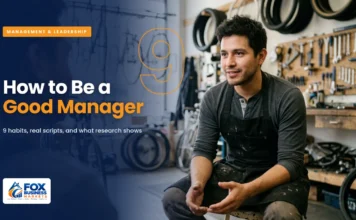 How to Be a Good Manager: A Practical Guide for New Managers How to be a good manager featured image showing a bike shop manager listening to an employee during a one-on-one conversation