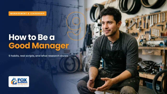 How to be a good manager featured image showing a bike shop manager listening to an employee during a one-on-one conversation