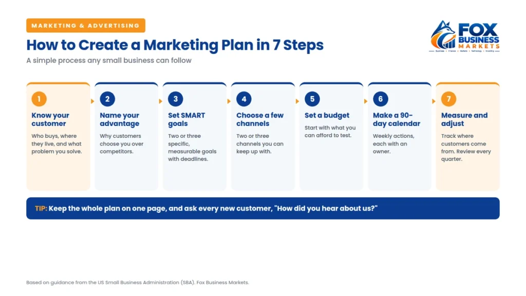 Infographic showing how to create a marketing plan in 7 steps, from knowing your customer to measuring results