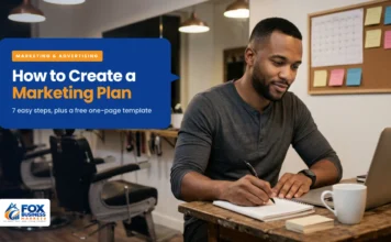 How to Create a Marketing Plan (With a Simple Template) How to create a marketing plan featured image showing a barbershop owner writing his marketing plan in a notebook at his desk