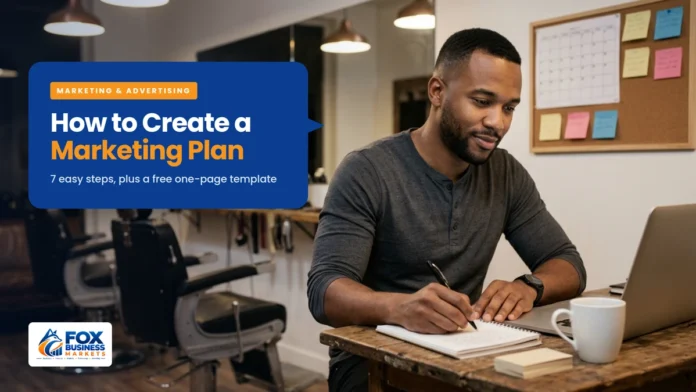 How to Create a Marketing Plan (With a Simple Template) How to create a marketing plan featured image showing a barbershop owner writing his marketing plan in a notebook at his desk