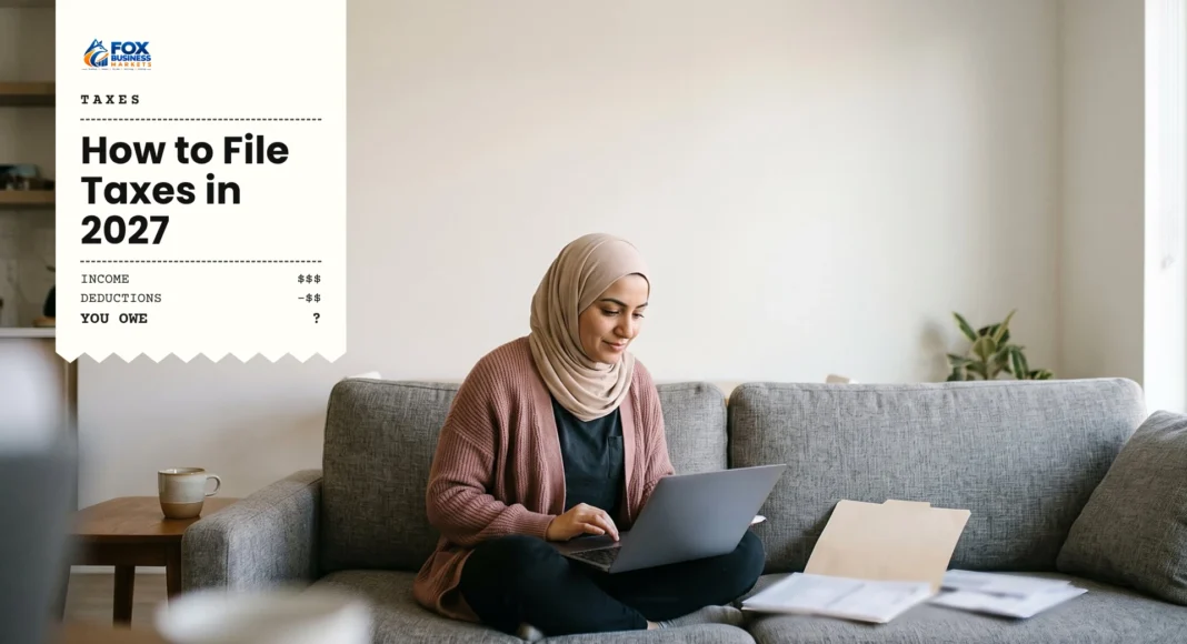 Woman on a sofa with her laptop and tax forms, learning how to file taxes online
