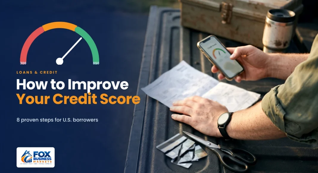How to improve your credit score: hands checking a credit score app beside a paid-off statement and a cut-up credit card
