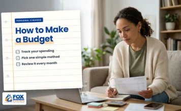 How to Make a Budget: A Simple Plan That Actually Sticks How to make a budget: woman reviewing a bank statement and writing a monthly budget in a notebook at her coffee table
