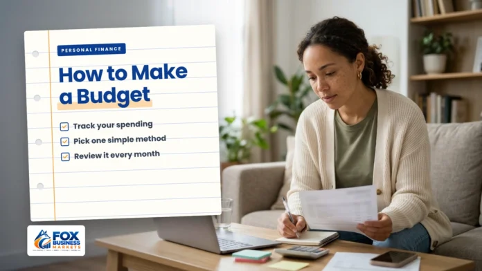 How to Make a Budget: A Simple Plan That Actually Sticks How to make a budget: woman reviewing a bank statement and writing a monthly budget in a notebook at her coffee table
