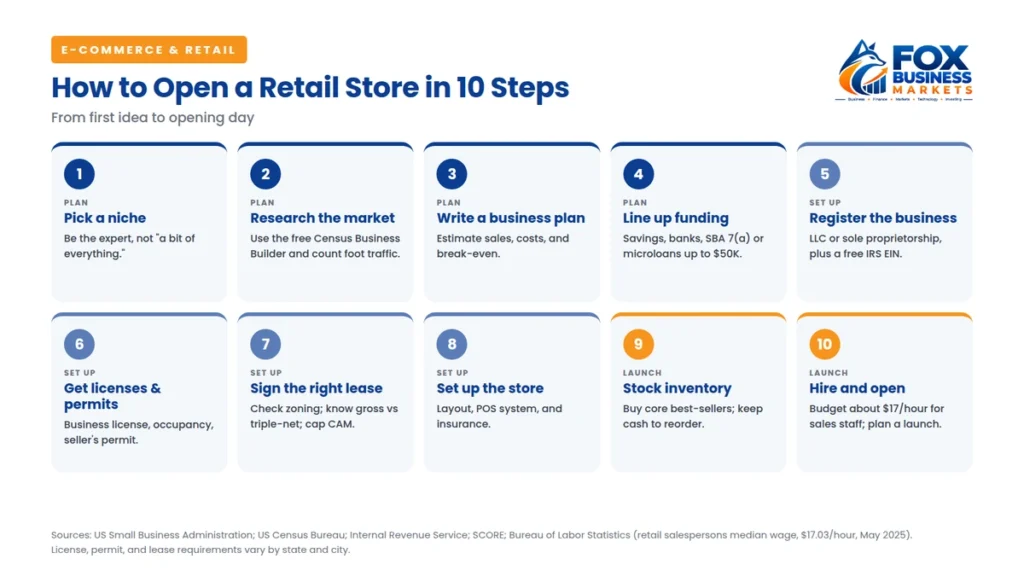 10 steps to open a retail store: pick a niche, research the market, write a plan, get funding, register, get permits, sign a lease, set up, stock inventory, hire and open