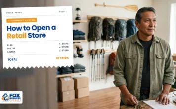 How to Open a Retail Store (Step by Step) Outdoor gear shop owner holding store keys beside lease papers before opening day, illustrating how to open a retail store