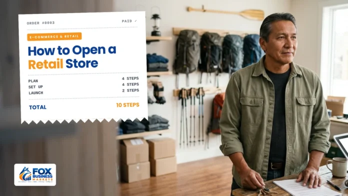 How to Open a Retail Store Outdoor gear shop owner holding store keys beside lease papers before opening day, illustrating how to open a retail store