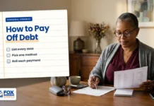 How to Pay Off Debt: A Step-by-Step Plan That Works How to pay off debt: woman crossing items off a debt payoff list at her dining table with a calculator and statements