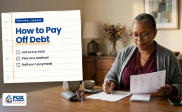 How to Pay Off Debt: A Step-by-Step Plan That Works How to pay off debt: woman crossing items off a debt payoff list at her dining table with a calculator and statements