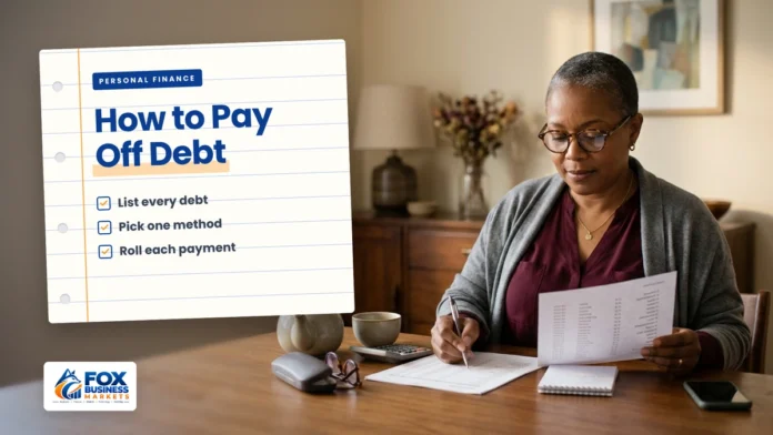 How to pay off debt: woman crossing items off a debt payoff list at her dining table with a calculator and statements