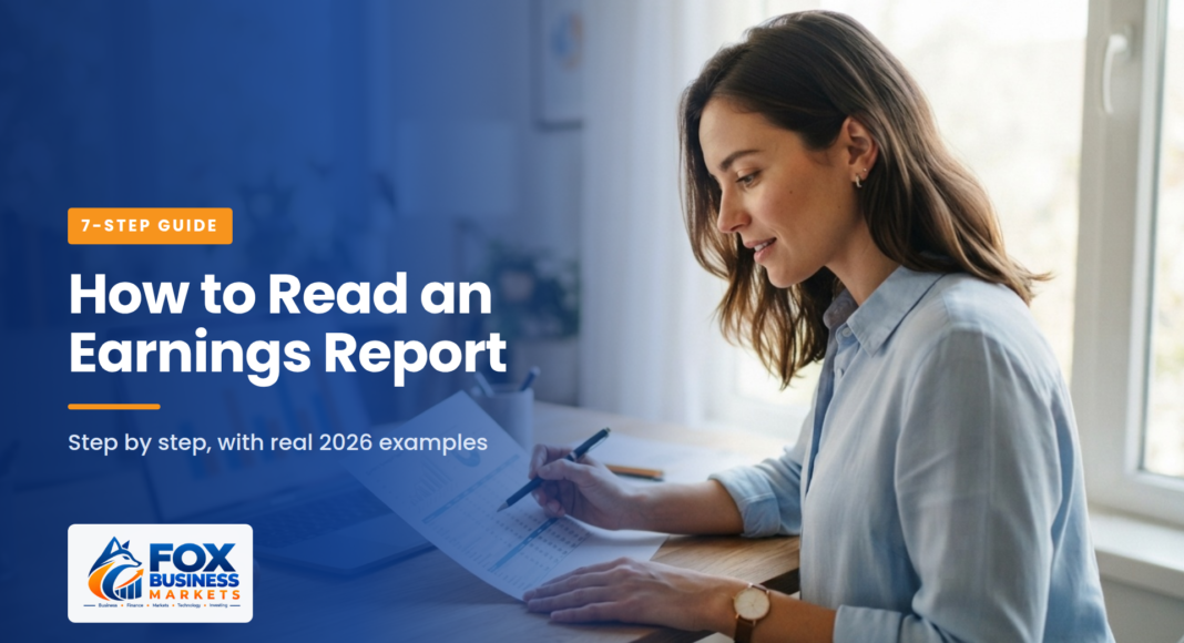 A woman reviewing a printed quarterly financial report with a pen, with a bar chart on her laptop screen.