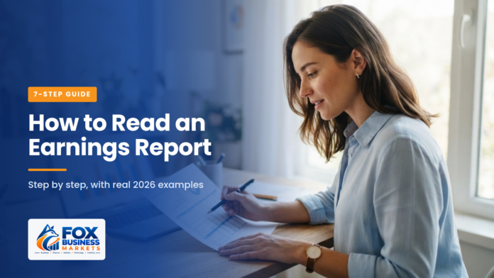 How to Read an Earnings Report: A 7-Step Guide A woman reviewing a printed quarterly financial report with a pen, with a bar chart on her laptop screen.