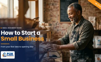 How to Start a Small Business: A Step-by-Step Guide How to start a small business featured image showing a smiling bakery owner placing fresh bread on shelves in his small shop