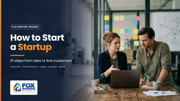 How to Start a Startup Featured Image How to start a startup featured image showing two co-founders planning their startup at a laptop in a co-working space