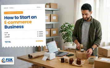 How to Start an E-commerce Business (Step by Step) Online store owner taping a shipping box at his home packing station, illustrating how to start an ecommerce business