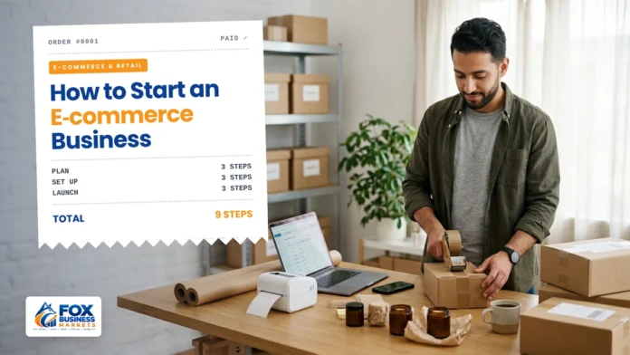 How to Start an E-commerce Business Online store owner taping a shipping box at his home packing station, illustrating how to start an ecommerce business