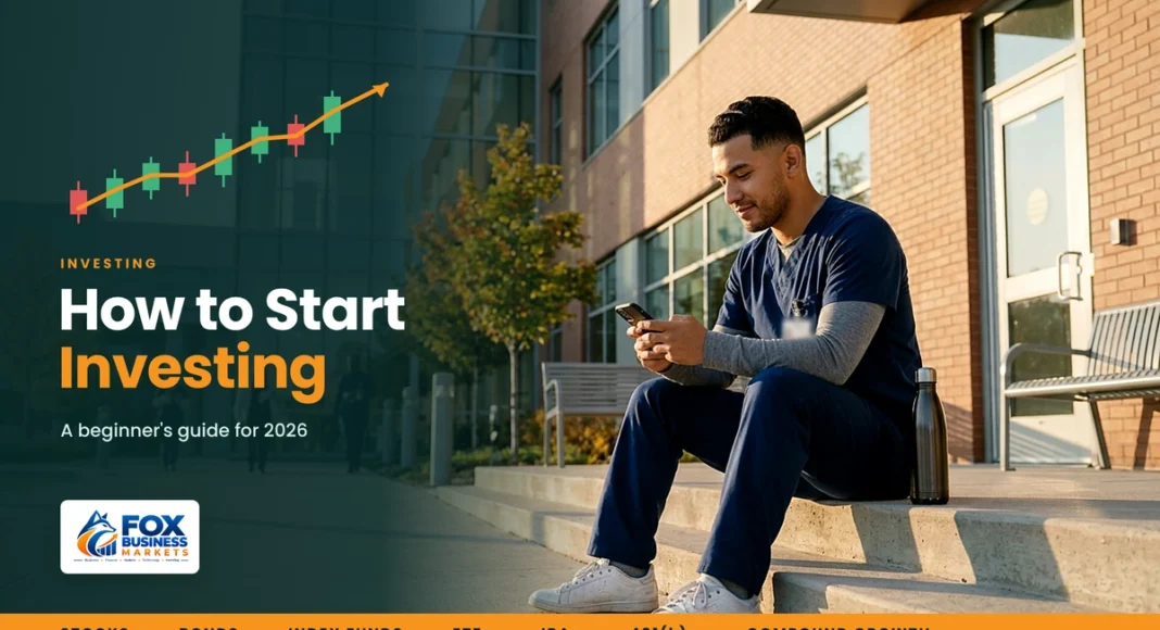 How to Start Investing in the US: A Beginner's Guide for 2026 How to start investing: young nurse in scrubs checking an investing account on his phone outside a hospital