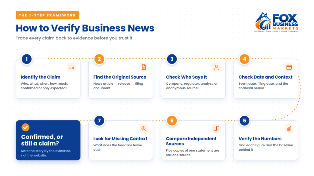 How to verify business news: 7-step framework covering the claim, original source, who says it, date and context, numbers, independent sources and missing context.
