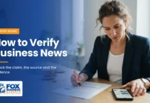 How to Verify Business News: 7 Steps to Spot Fake Claims A woman checking a printed financial report with a highlighter against a news story on her phone.