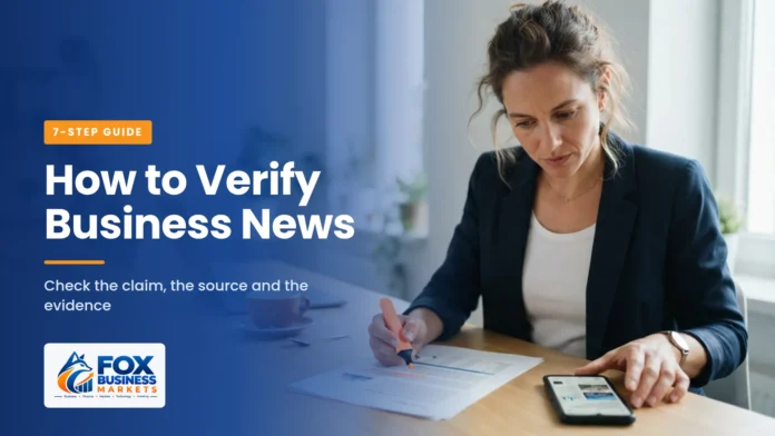 How to Verify Business News: A 7-Step Guide A woman checking a printed financial report with a highlighter against a news story on her phone.