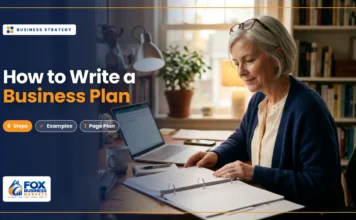 How to Write a Business Plan: Step-by-Step Guide How to write a business plan featured image showing a woman reviewing her printed business plan at a home office desk