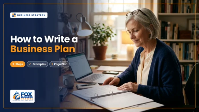 How to write a business plan featured image showing a woman reviewing her printed business plan at a home office desk
